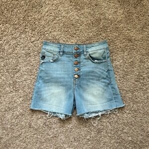 Kancan I Womens High Rise Button Fly Denim Shorts Frayed Hem Light Wash I Size S